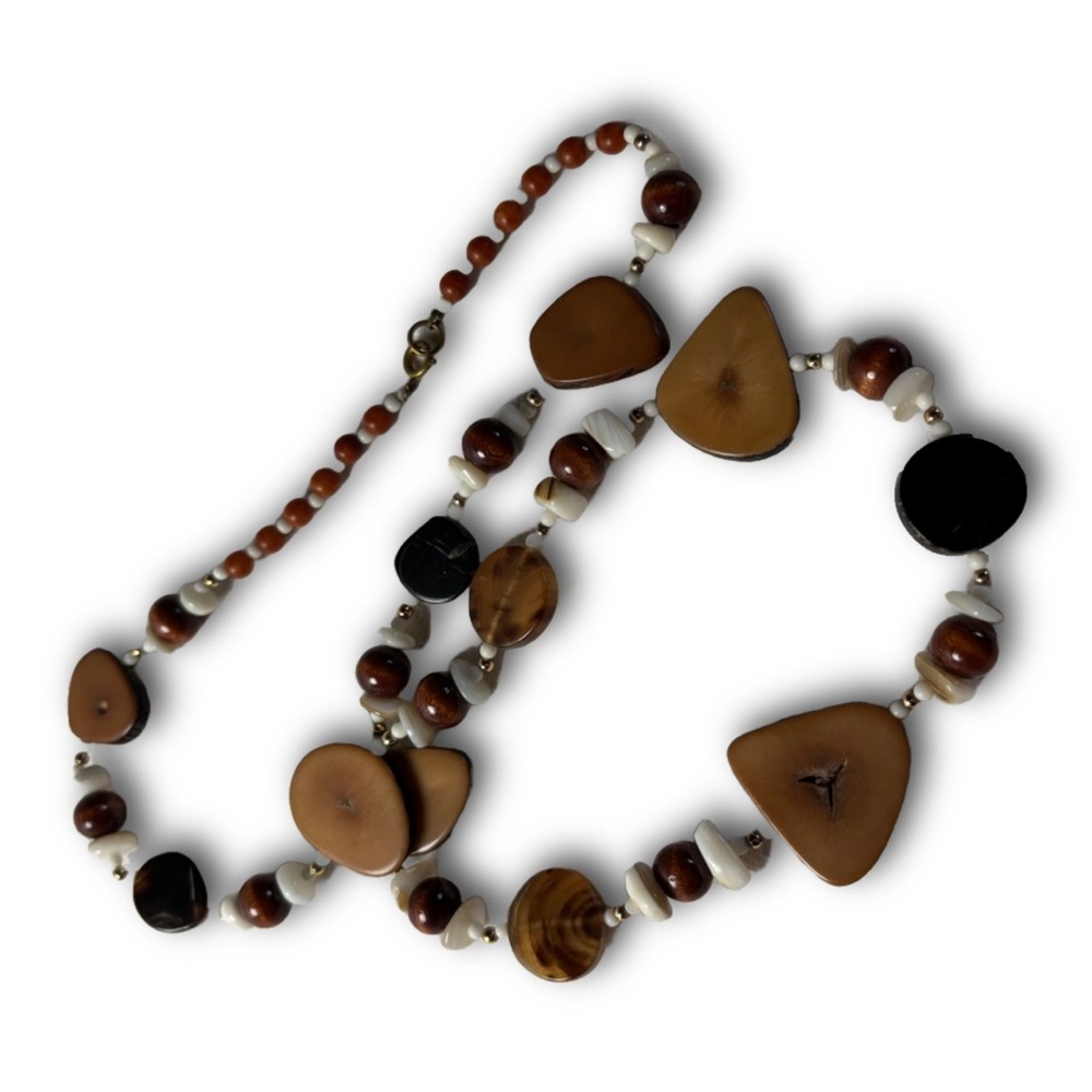 Natural Wood and Shell Beaded Necklace – Earth Tones